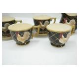 Vintage Black Ceramic Rooster & Fruit Themed Tea Set, Decorative Wire Basket