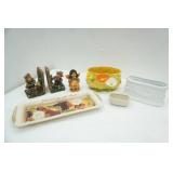 Scarecrow bookends, autumn angel figurine, vintage ceramic planters, ceramic serving tray