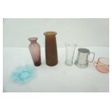 Vintage Glassware: pink depression glass, fenton blue opalescent hobnail dish, amethyst vase and more