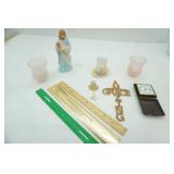 Vintage House of Lloyd Jesus Figurine, Lusterware Souvenir Shot GLass and Dish, vintage portable clock and more