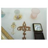 Vintage House of Lloyd Jesus Figurine, Lusterware Souvenir Shot GLass and Dish, vintage portable clock and more