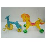 Vintage 1967 Mattel Tippee Toes doll riding horse & tricycle