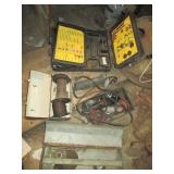 Vintage metal tool box, angle grind...