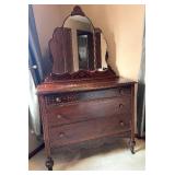 Antique-Style Dark Wood Dresser with Triple Mirror Vanity, Carved Details