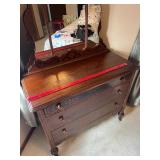 Antique-Style Dark Wood Dresser with Triple Mirror Vanity, Carved Details