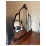 Antique-Style Dark Wood Dresser with Triple Mirror Vanity, Carved Details