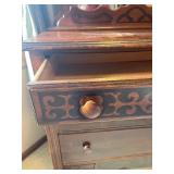 Antique-Style Dark Wood Dresser with Triple Mirror Vanity, Carved Details