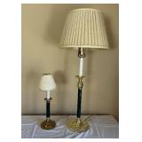 Pair of Vintage Brass Table Lamps with Green Accents & Pleated Beige Shades