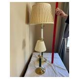 Pair of Vintage Brass Table Lamps with Green Accents & Pleated Beige Shades
