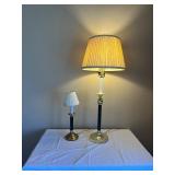Pair of Vintage Brass Table Lamps with Green Accents & Pleated Beige Shades