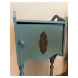 Cabinet - Vintage Teal Painted on Turned-Leg Stand with Ornate Door Medallion