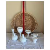 Milk Glass Hobnail 7-Piece Set - Goblet, Decanters & Pedestal Bowl
