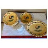 HOME Rooster Pattern Yellow Plates - Set with Glass Serving Dish