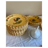HOME Rooster Pattern Yellow Plates - Set with Glass Serving Dish