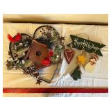Birdhouse Wreath With Cardinal Birds, Pinecones, Stars & Happy Holly Days Sign