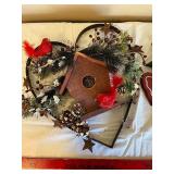 Birdhouse Wreath With Cardinal Birds, Pinecones, Stars & Happy Holly Days Sign