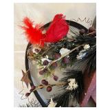 Birdhouse Wreath With Cardinal Birds, Pinecones, Stars & Happy Holly Days Sign