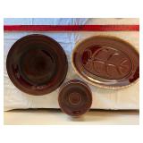 Hull USA Stoneware Oval Tree-Design Platter with 2 Bowls - Brown Glaze