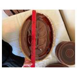 Hull USA Stoneware Oval Tree-Design Platter with 2 Bowls - Brown Glaze