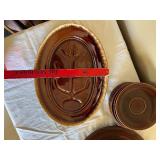 Hull USA Stoneware Oval Tree-Design Platter with 2 Bowls - Brown Glaze