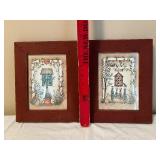 Pair of Framed Folk Art Prints - Birdhouse & Garden Scenes