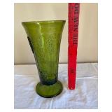 Green Glass Vase - Grapevine Pattern, Tall Flared Rim, Vintage Style