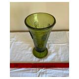 Green Glass Vase - Grapevine Pattern, Tall Flared Rim, Vintage Style
