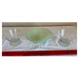 Green Frosted Glass Bowl Set - Starburst Pattern, 3-Piece (2 Stemmed Bowls & Large Bowl)
