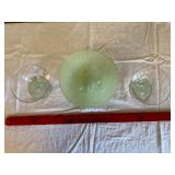 Green Frosted Glass Bowl Set - Starburst Pattern, 3-Piece (2 Stemmed Bowls & Large Bowl)