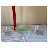 Green Frosted Glass Bowl Set - Starburst Pattern, 3-Piece (2 Stemmed Bowls & Large Bowl)