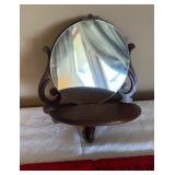 Vintage Round Wall Mirror with Carved Wood Back & Small Shelf