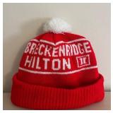 Breckenridge Hilton Beanie - Red Knit Hat with White Pom-Pom