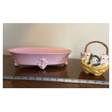 Royal Haeger RG-60 Pink Footed Bowl (USA) & Cat Basket Ceramic Figurine