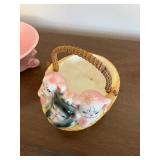 Royal Haeger RG-60 Pink Footed Bowl (USA) & Cat Basket Ceramic Figurine