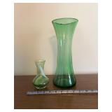 Green Glass Vases Pair - Tall Green Bud Vase & Small Swirl Vase