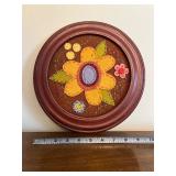 Sunflower Round Wall Plaque in Dark Red Frame - 9 in Diameter