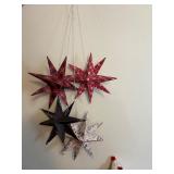 4-Piece Hanging Star Ornaments - Red Plaid, Red Speckled, Black, White Text