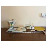 Fruit Motif Porcelain Pitcher, Plate, Creamer, Figurine & Yellow Charger