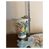 Fruit Motif Porcelain Pitcher, Plate, Creamer, Figurine & Yellow Charger