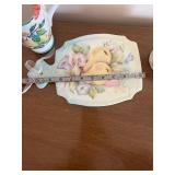 Fruit Motif Porcelain Pitcher, Plate, Creamer, Figurine & Yellow Charger