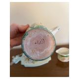 Fruit Motif Porcelain Pitcher, Plate, Creamer, Figurine & Yellow Charger