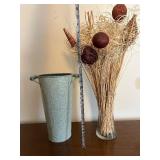 Vases - Galvanized Tin Vase & Glass Vase with Dried Arrangement - Lot of 2