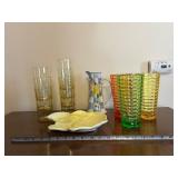 Celebrations Glassware Set: Clear Tumblers, Colored Ribbed Tumblers, Floral Pitcher, Leaf Dish