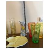 Celebrations Glassware Set: Clear Tumblers, Colored Ribbed Tumblers, Floral Pitcher, Leaf Dish