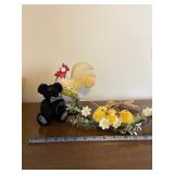 Black Teddy Bear Plush with Wooden Rooster & Daisy Chick Wreath