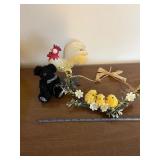 Black Teddy Bear Plush with Wooden Rooster & Daisy Chick Wreath