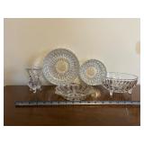 Crystal Cut Glassware Set - 2 Starburst Plates, Footed Bowl, Center Dish, Pedestal Goblet