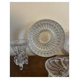 Crystal Cut Glassware Set - 2 Starburst Plates, Footed Bowl, Center Dish, Pedestal Goblet