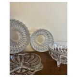 Crystal Cut Glassware Set - 2 Starburst Plates, Footed Bowl, Center Dish, Pedestal Goblet