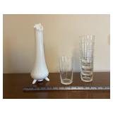 Milk Glass Vase & Star-Pattern Glassware Set - 7 Pieces